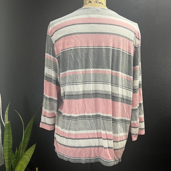Alfred Dunner Women's 1X Pink Gray Striped 3/4 Sleeve Knit Top - Picture 3 of 8
